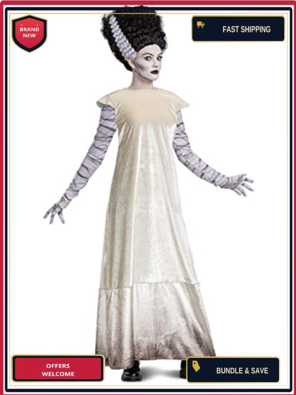 Bride of Frankenstein Deluxe Adult Costume with Wig, Panne Dress, Mummy Wrap
